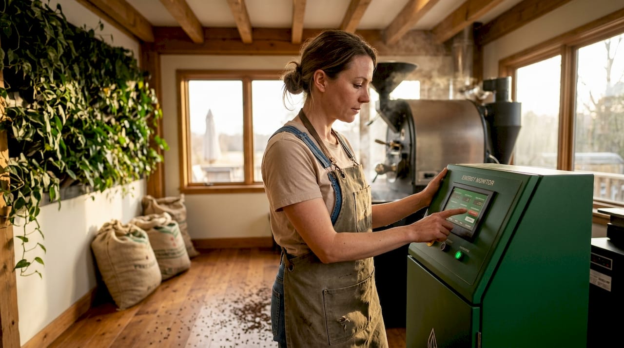 Roastery worker checks green energy panel