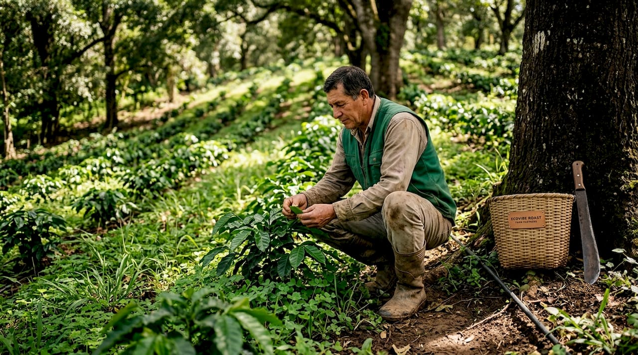 Farmer examining regenerative coffee plants