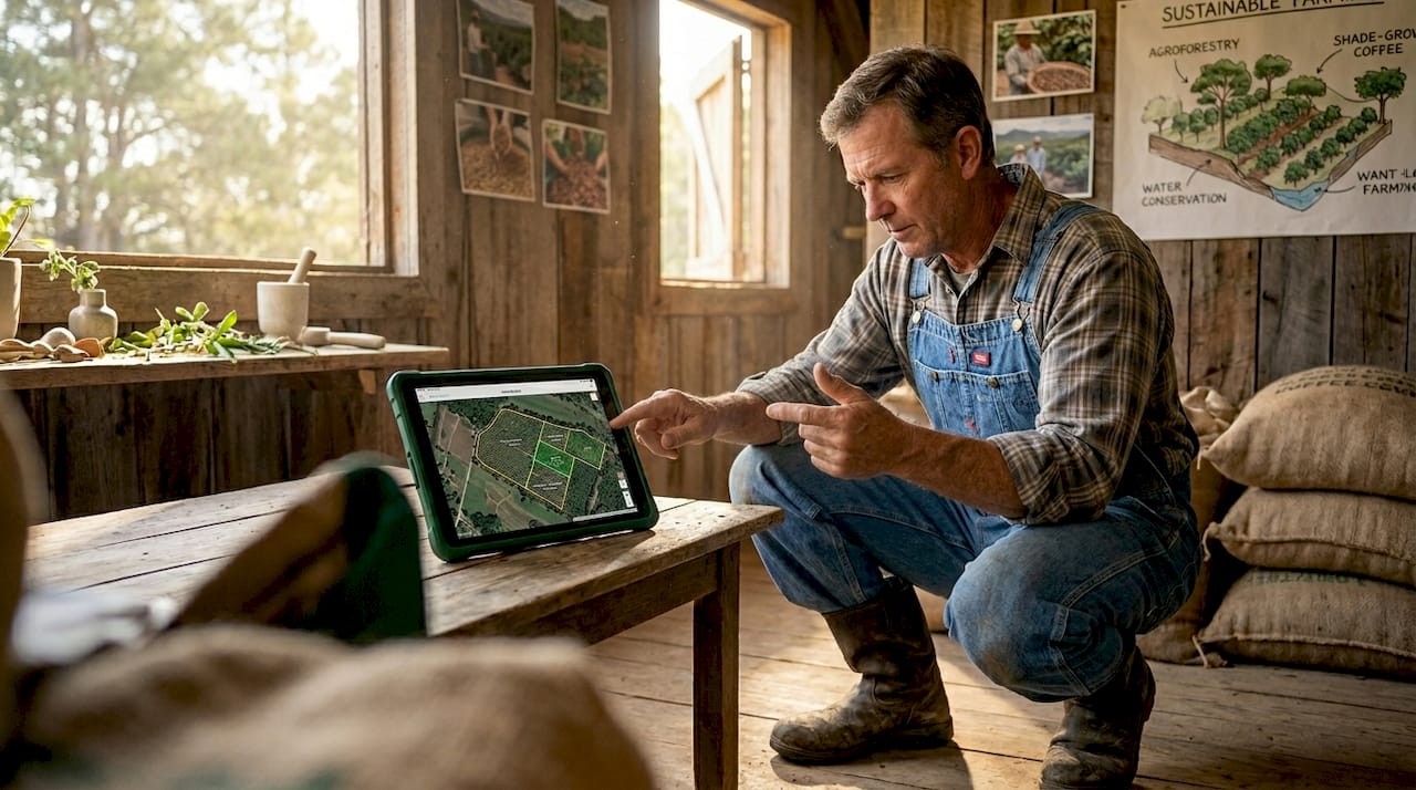 Coffee farmer checking digital farm map