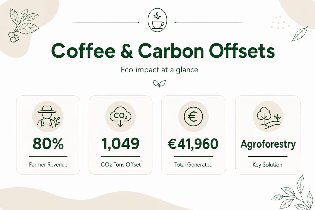 Infographic with coffee carbon offset statistics and highlights