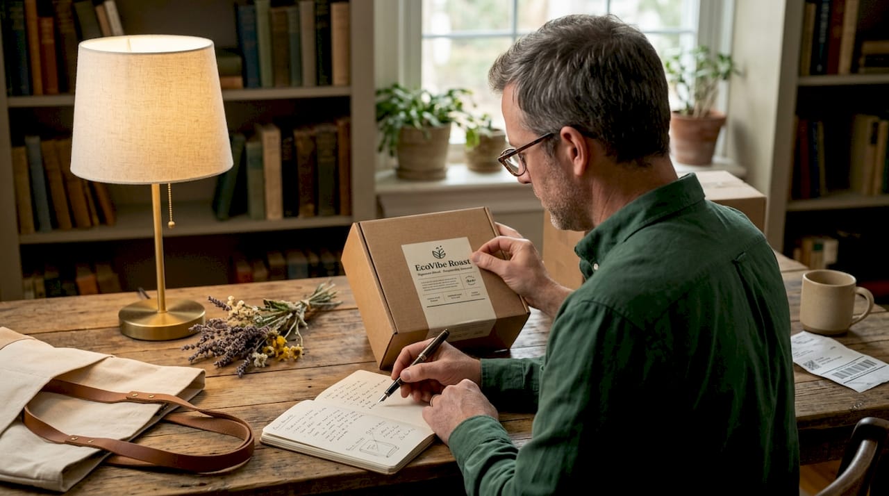 Man checking gift box certification label