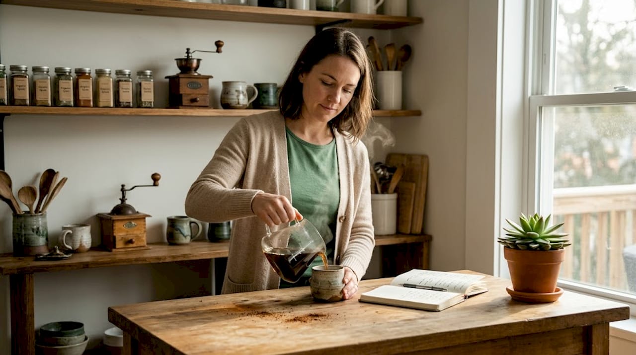 Woman tasting coffee at bright home kitchen counter