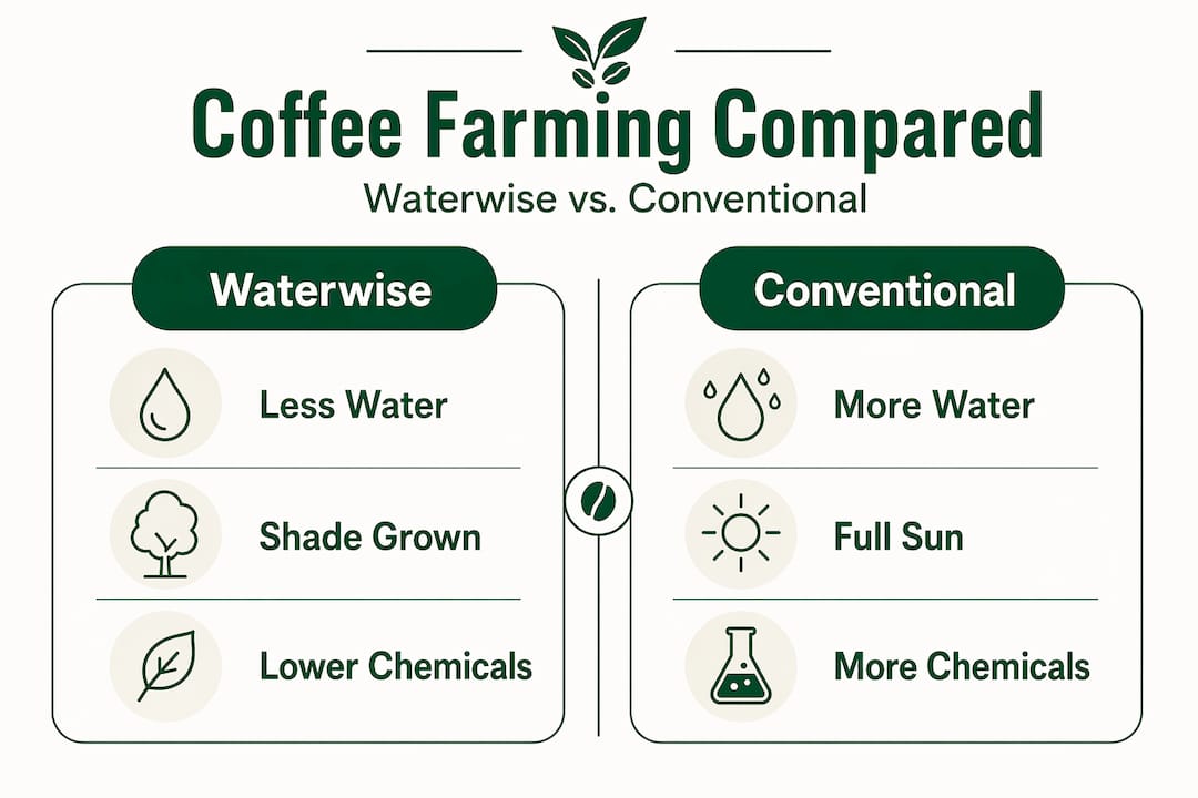 Infographic comparing waterwise and conventional coffee farming