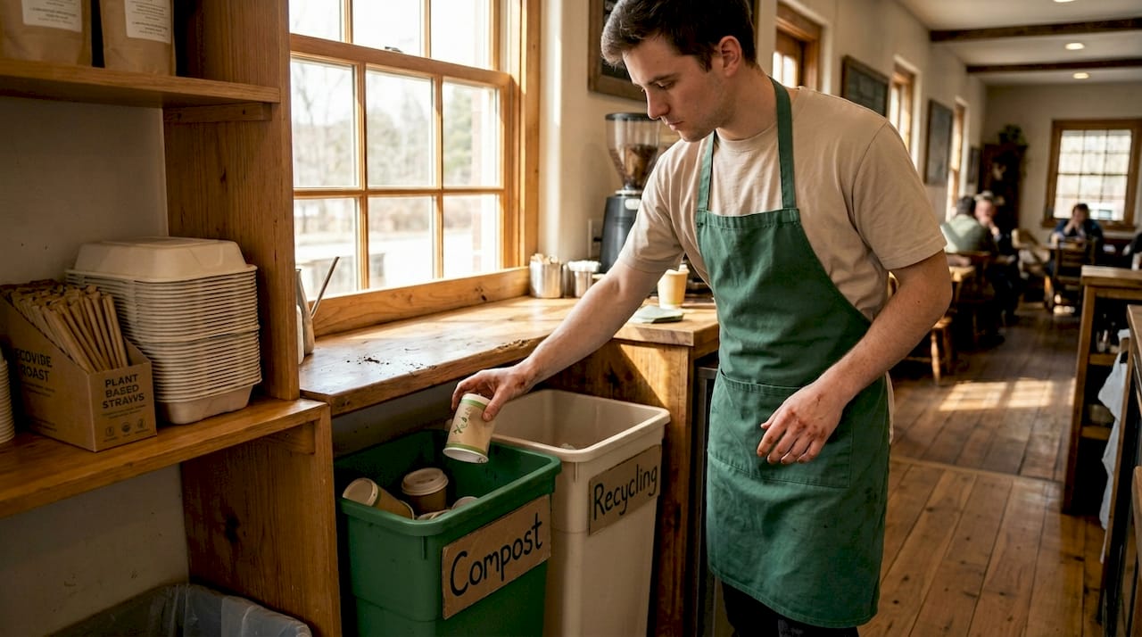 Barista sorting compostable café packaging