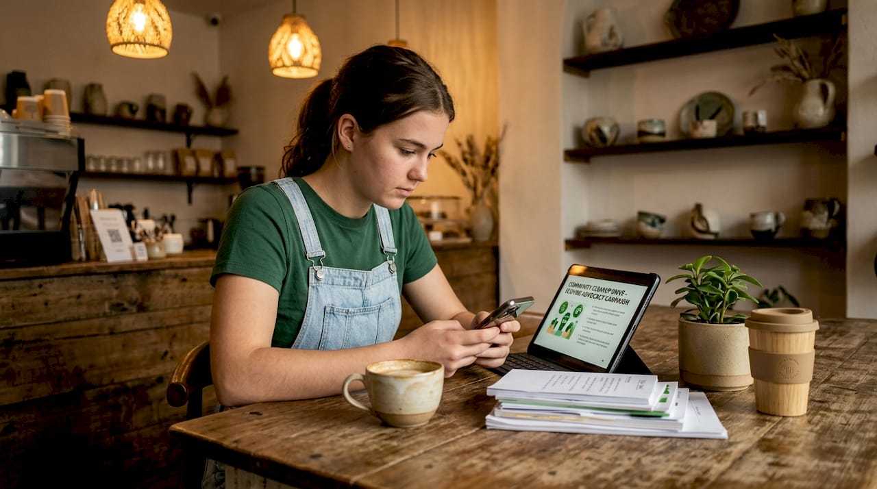 Young woman organizing coffee activism online