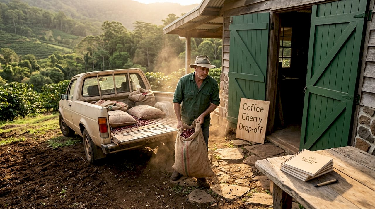 Farmer delivering coffee cherries to local mill
