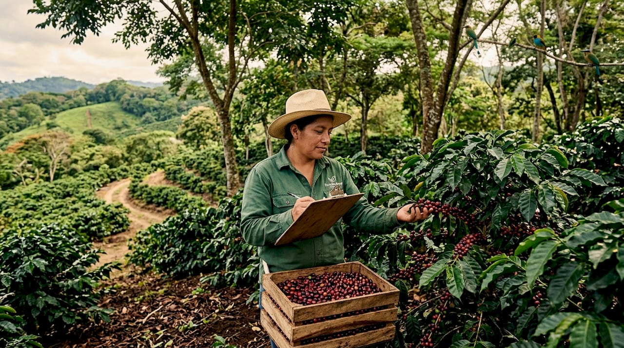 Coffee farm worker checks plants under shade trees
