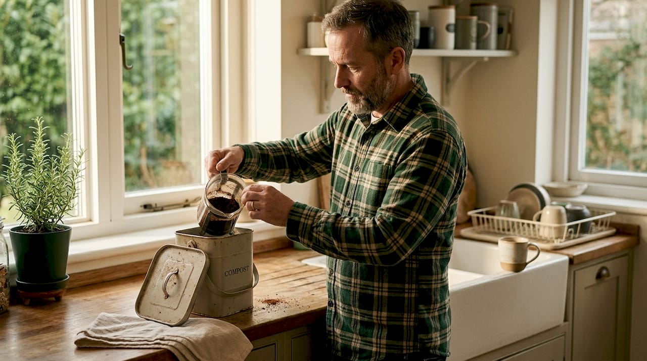 Man transferring coffee grounds to compost bin
