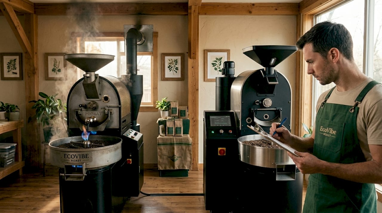 Comparison of gas and electric coffee roasters in roasting room