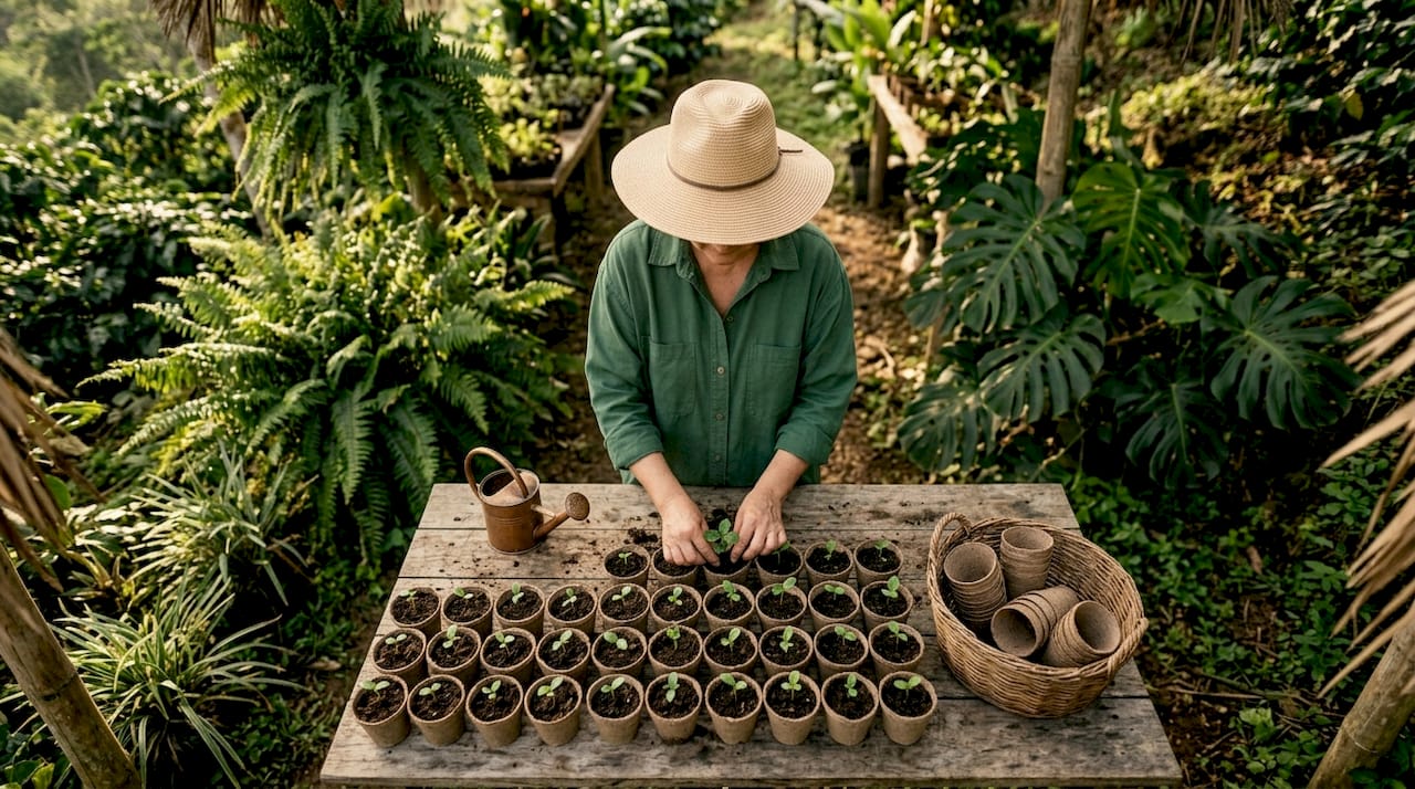 Woman planting coffee seedlings in nursery