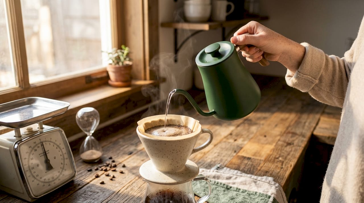 Hand pouring water over coffee grounds in Chemex