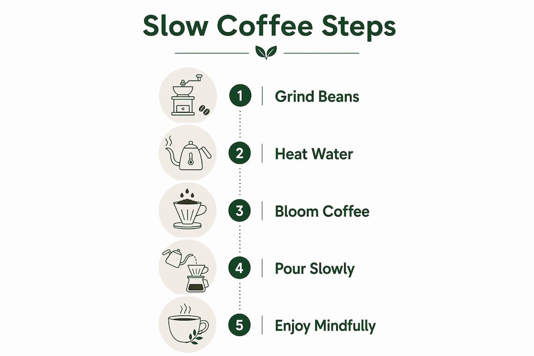 Infographic showing step-by-step slow coffee brewing