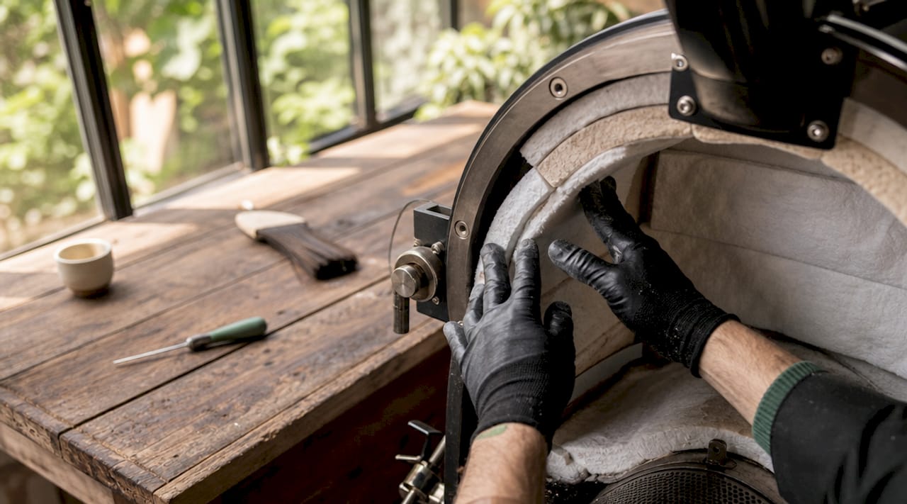 Hands installing ceramic fiber insulation in roaster