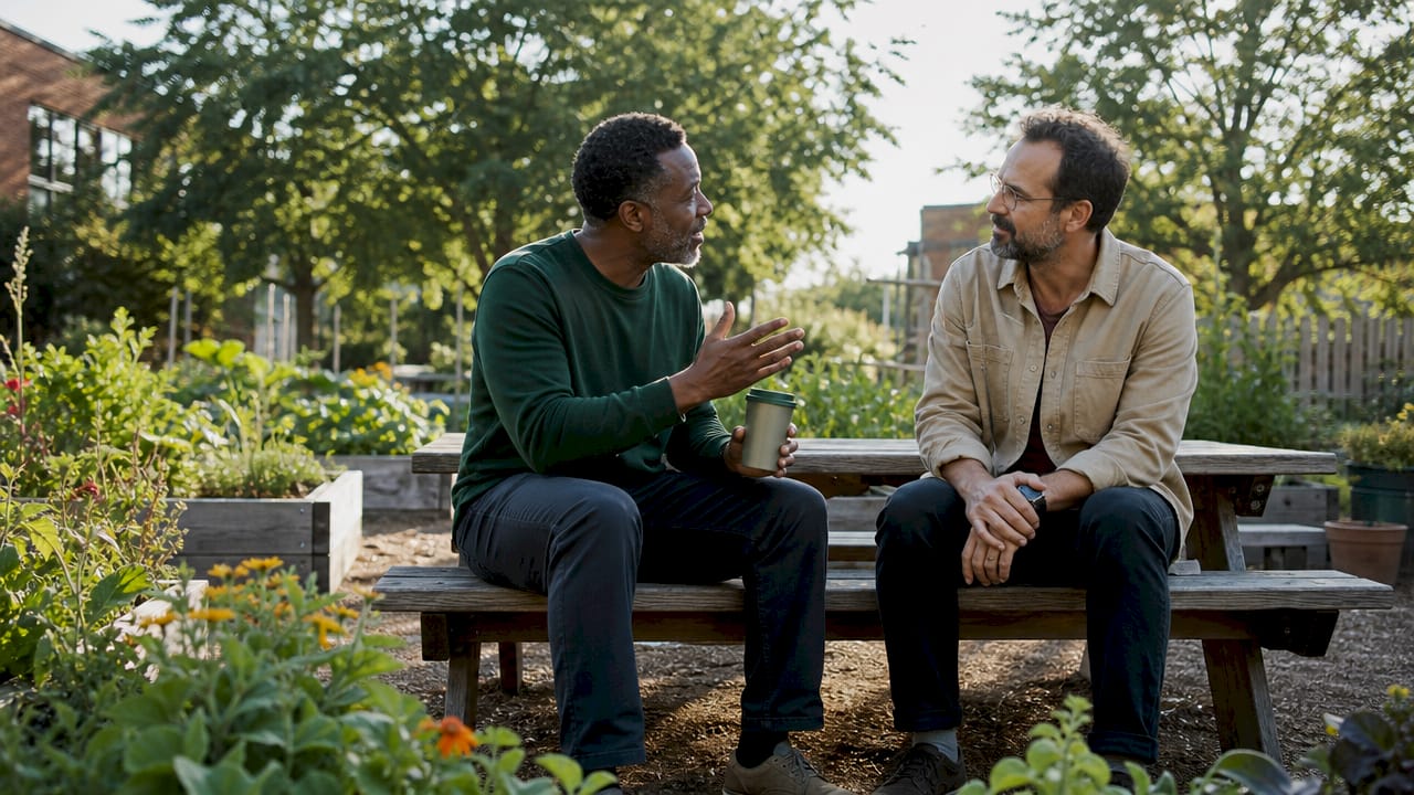 Two men discussing environmental activism outdoors