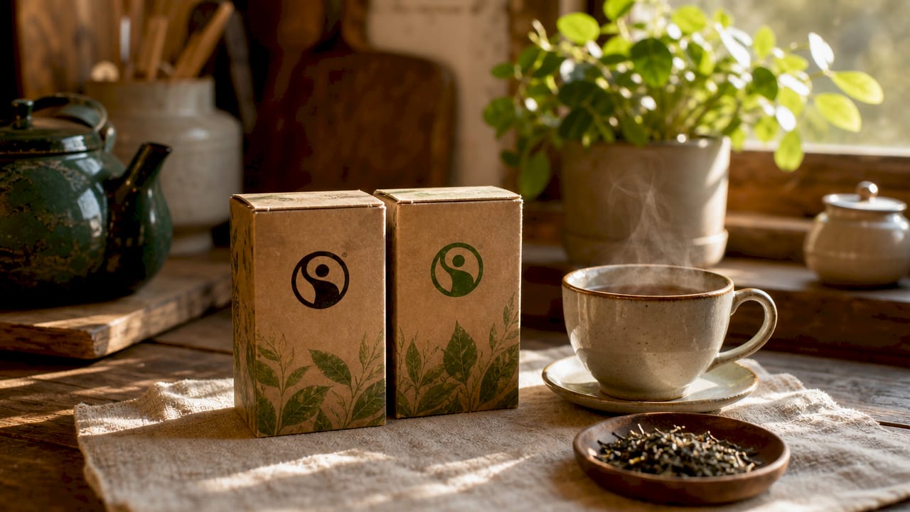 Close-up of fair trade certification logos on tea boxes