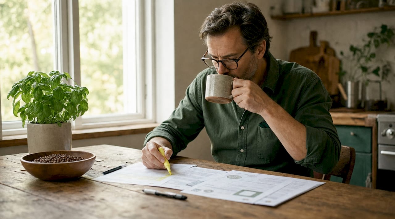 Person reviewing coffee certification documents at home