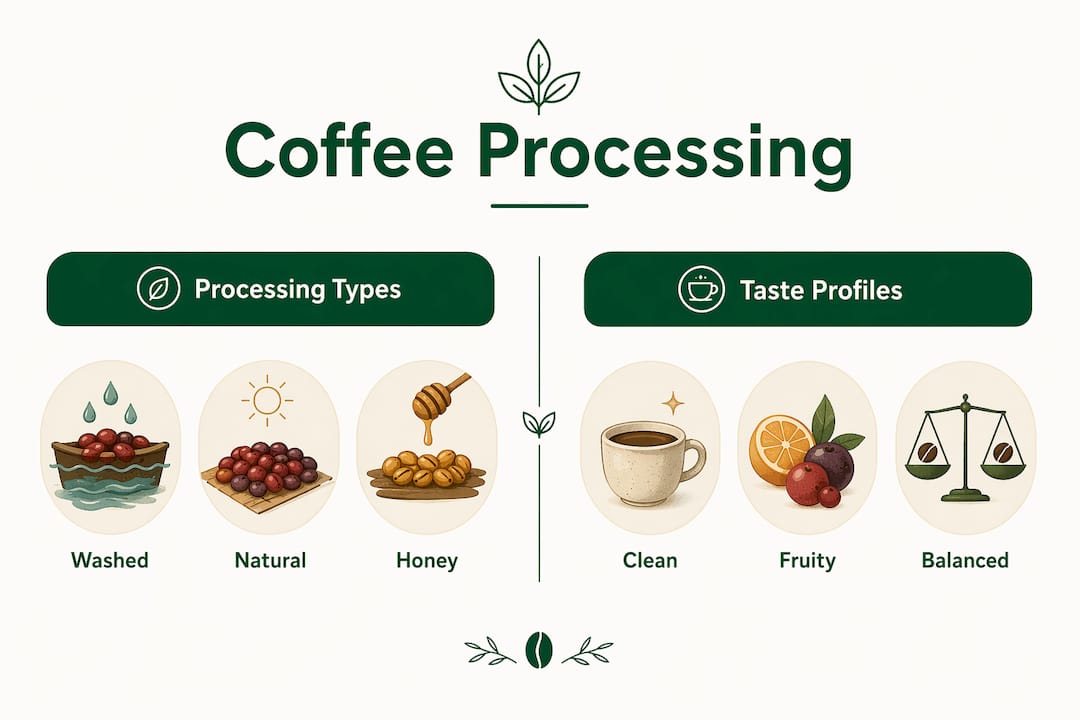 Infographic comparing coffee processing methods and tastes