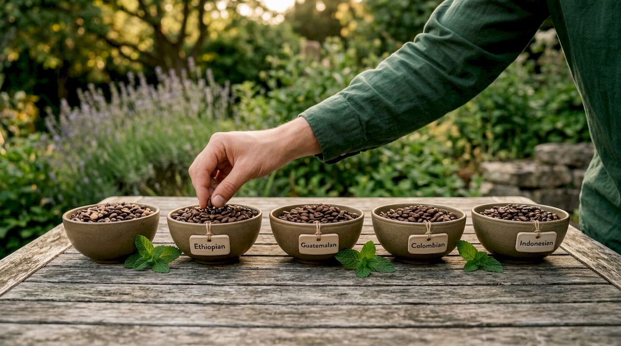Close-up overhead of coffee beans from different regions