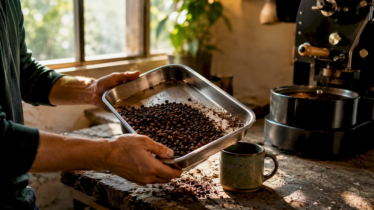 Hands holding tray of freshly roasted coffee beans