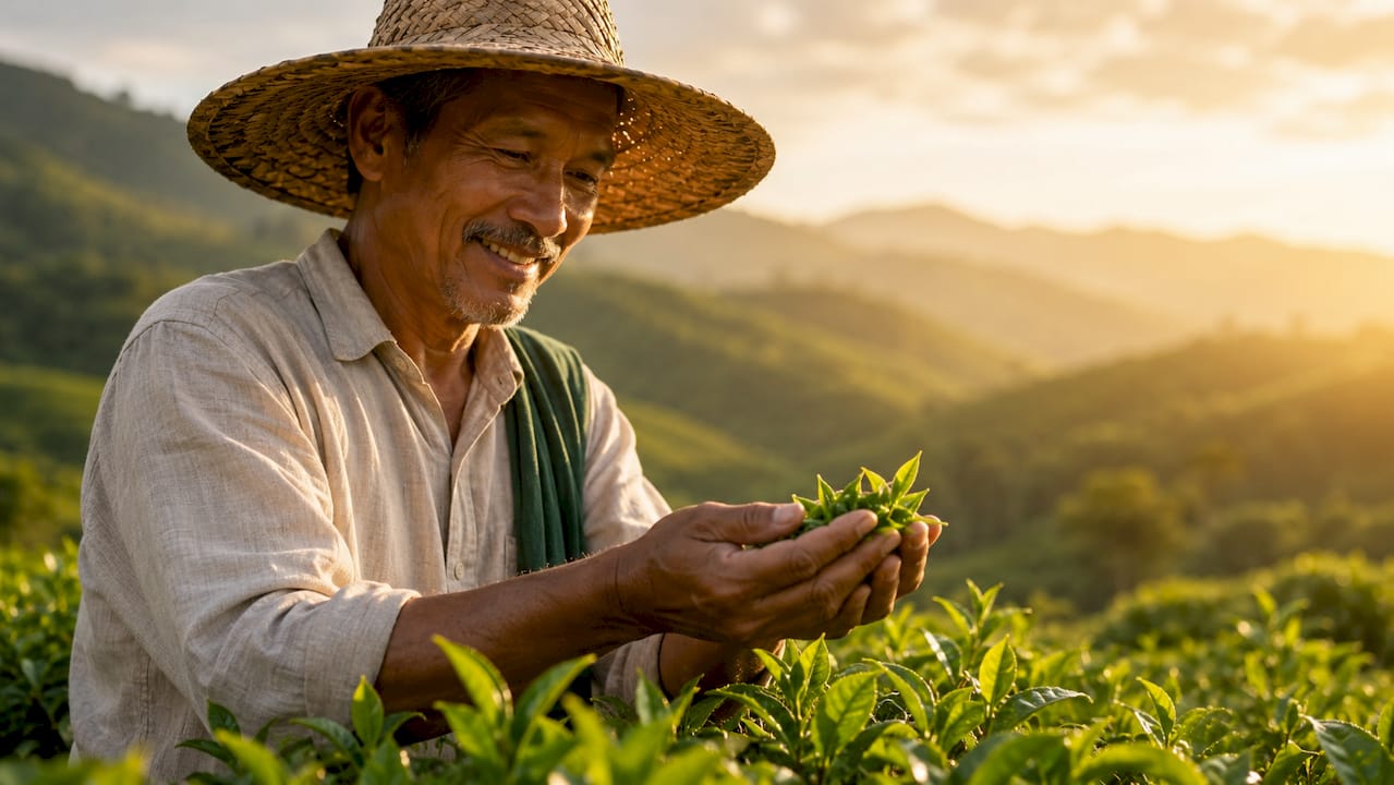 Smiling elderly tea farmer holding tea cup outdoors