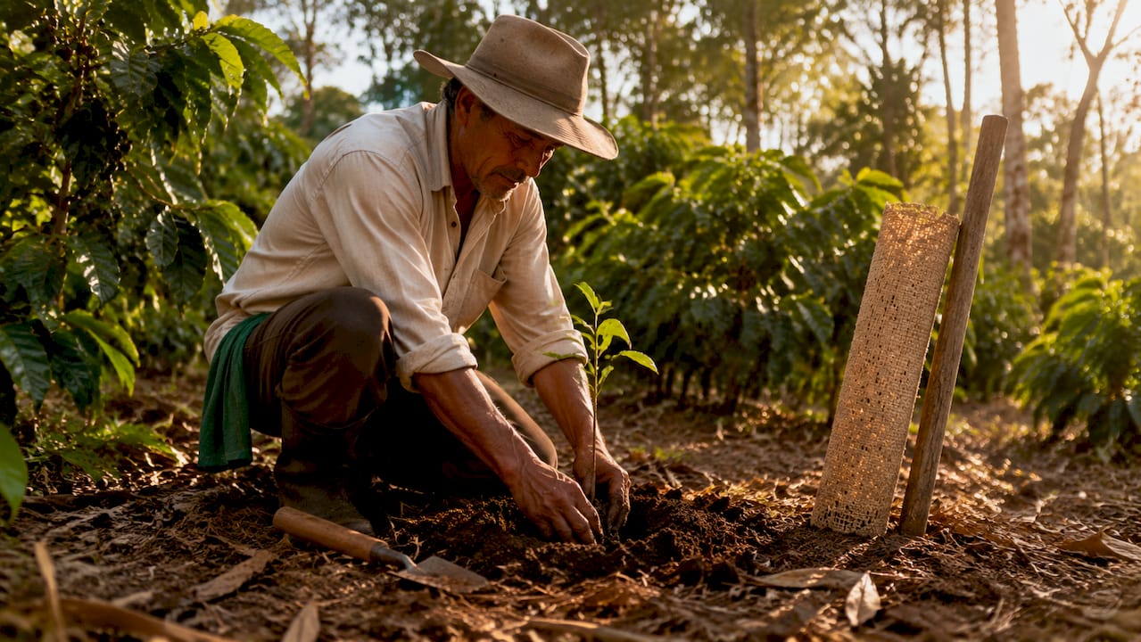 Close-up hands planting seedling in coffee farm soil