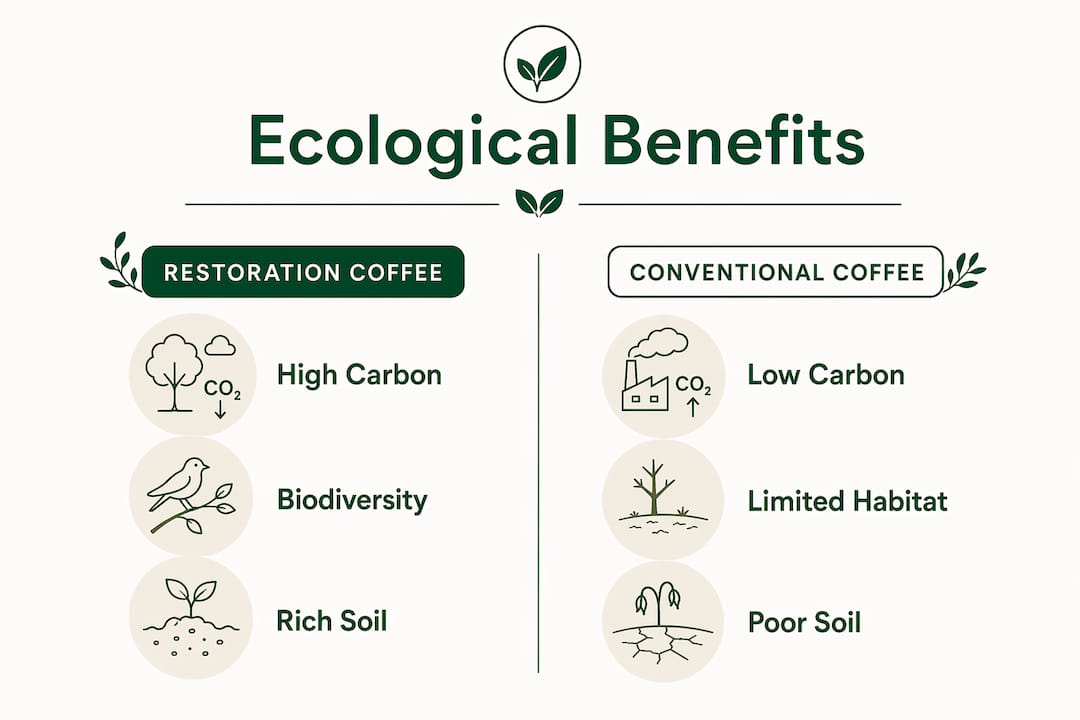 Infographic comparing ecological benefits of restoration vs conventional coffee farming