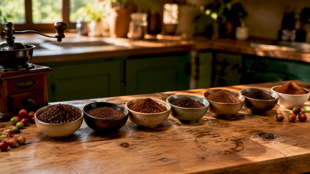 Close-up of seven coffee grind sizes on table