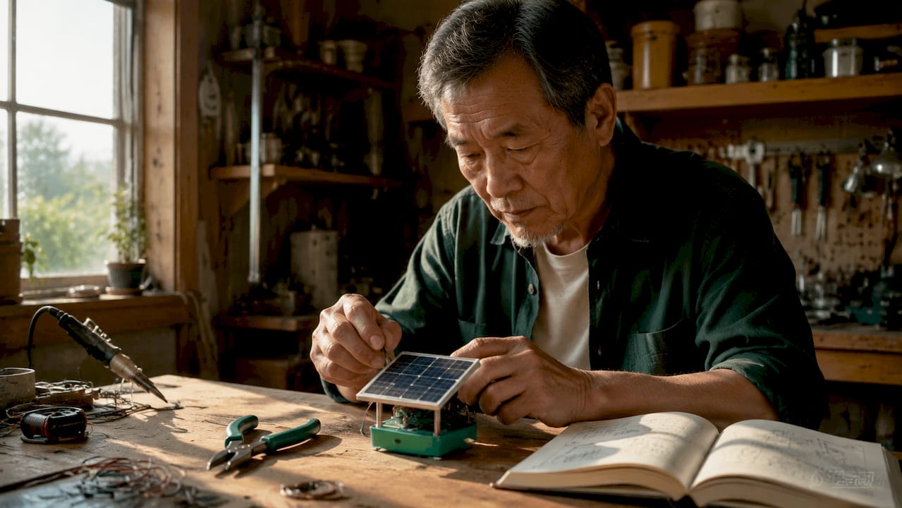 Hands assembling solar-powered device