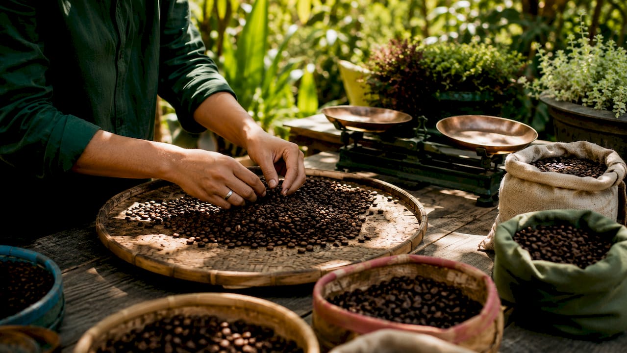 Hands sorting roasted coffee beans at roastery