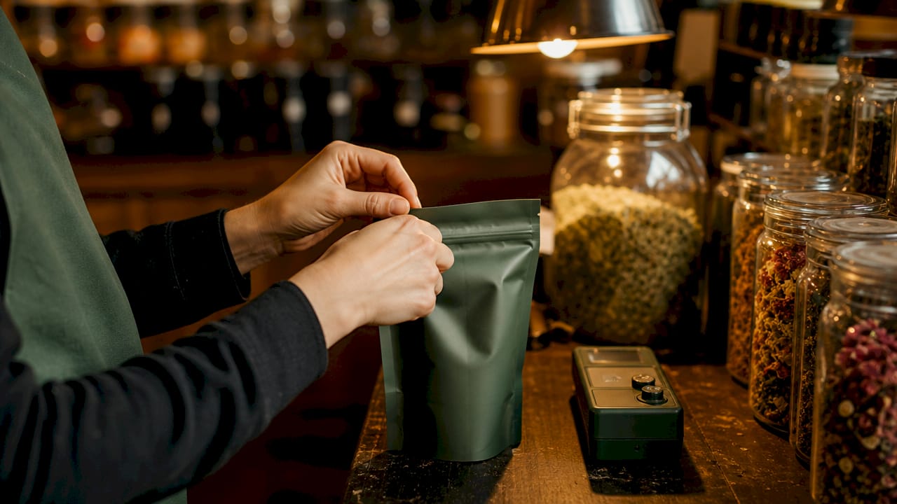 Hands sealing resealable tea pouch to preserve freshness