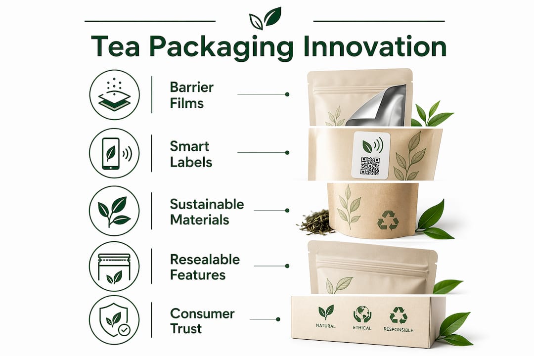 Infographic on tea packaging innovation steps and trends