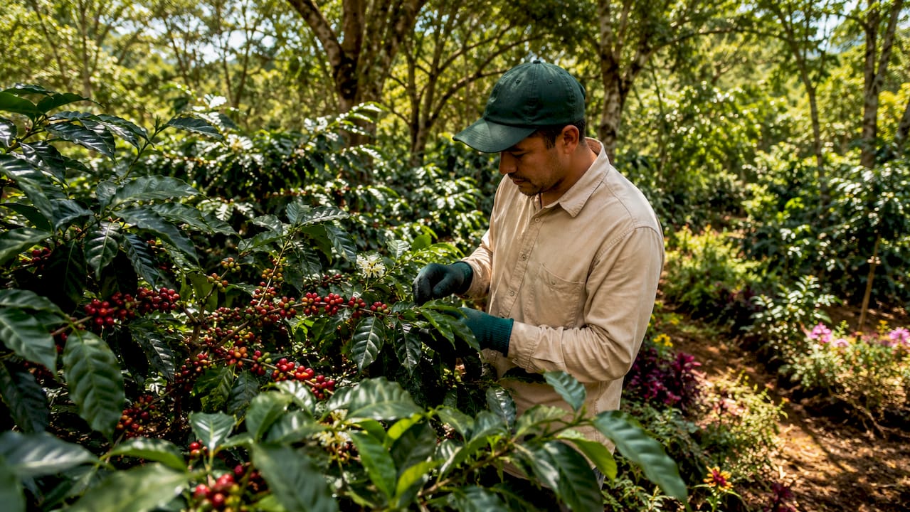 Coffee cherries ripening under shade trees