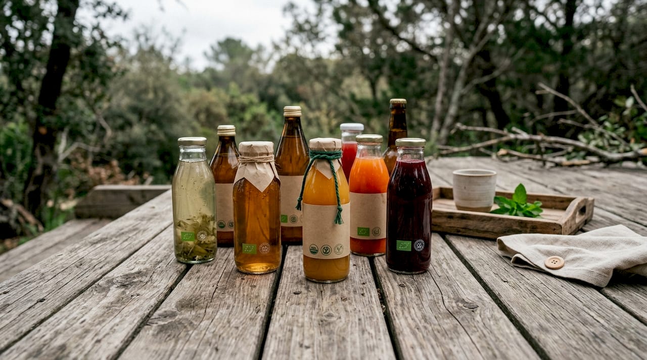 Close-up of organic certified beverage bottles