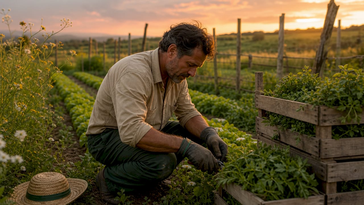 Farmer harvesting sustainable flavoring plants