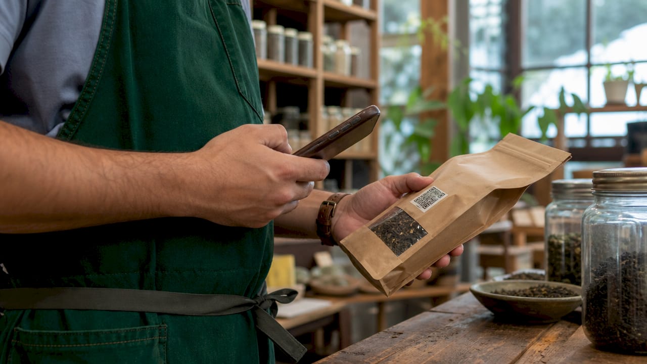 Hands scanning QR code on tea package in processing facility