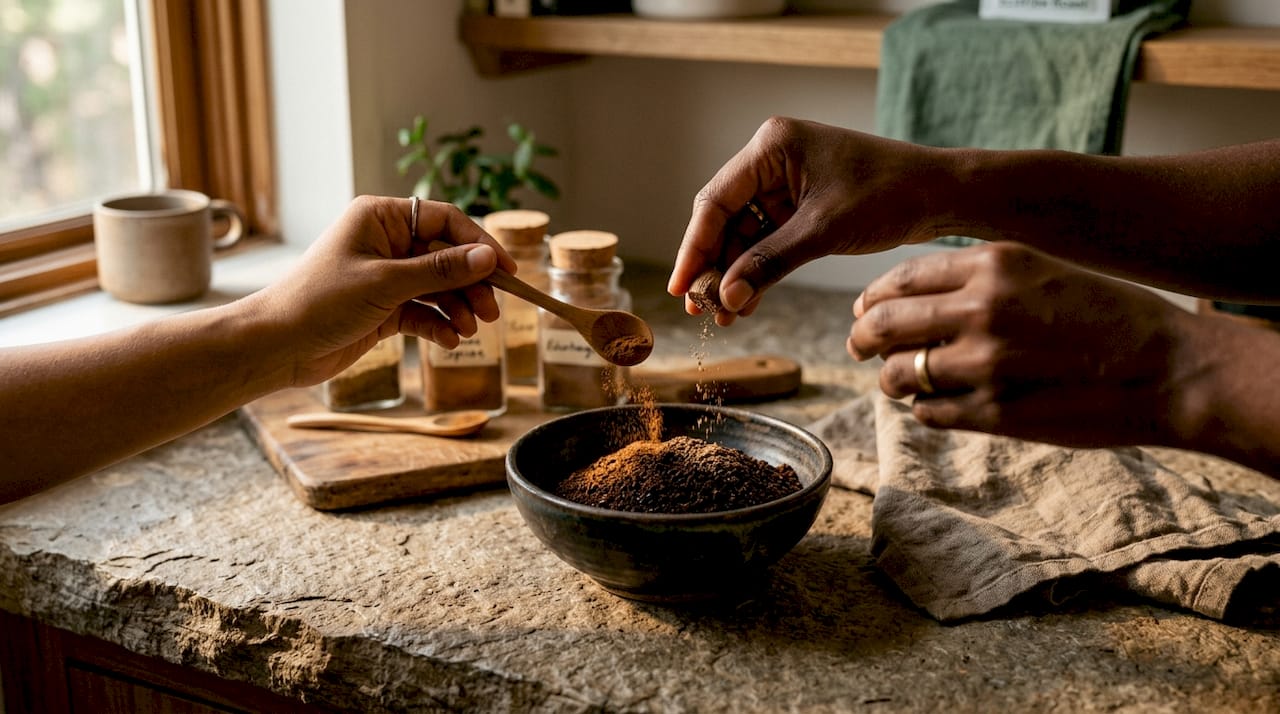 Hands sprinkling spices onto coffee grounds