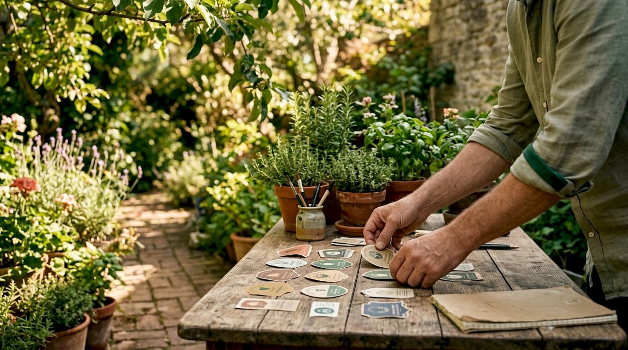 Hands sorting ethical coffee labels in kitchen