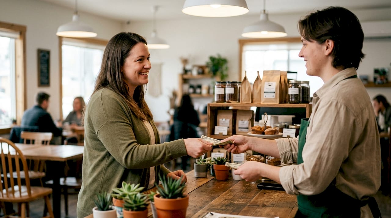 Hands exchanging cash at local business counter