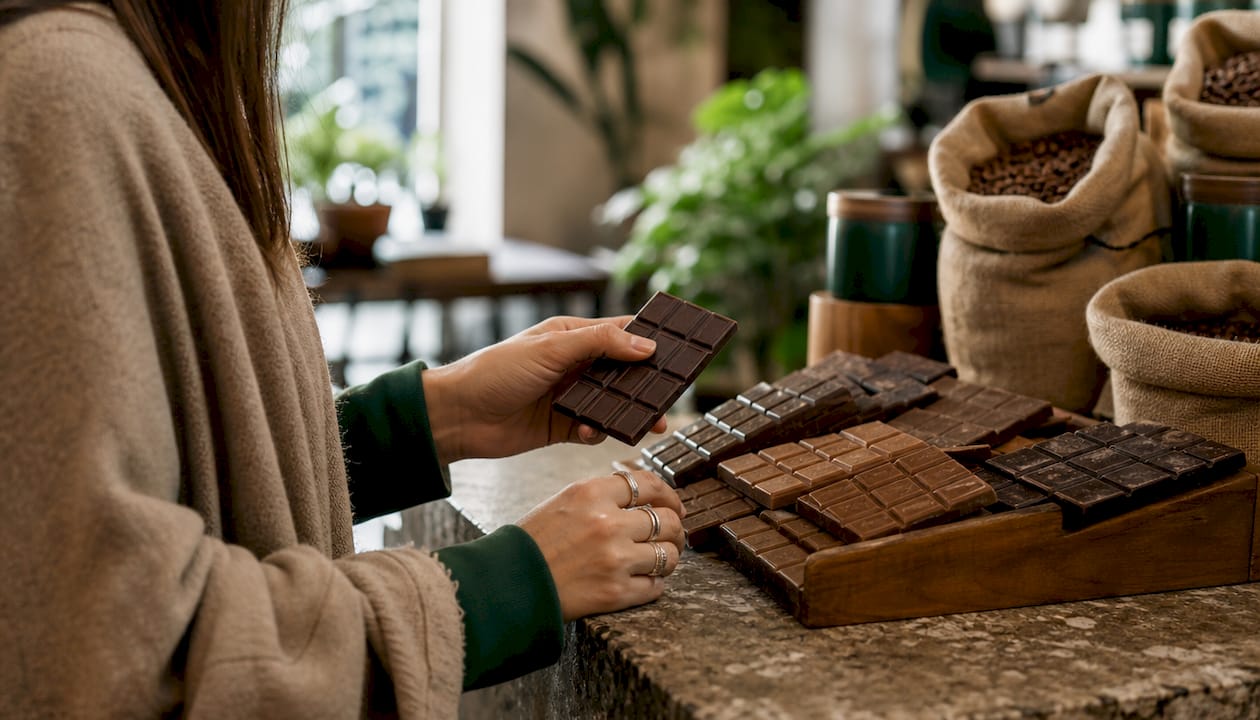 Hands selecting coffee and chocolate bars