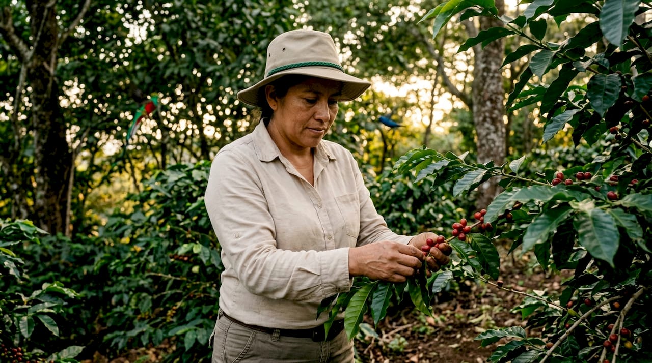 Shade-grown coffee farm with farmer and birds in morning mist