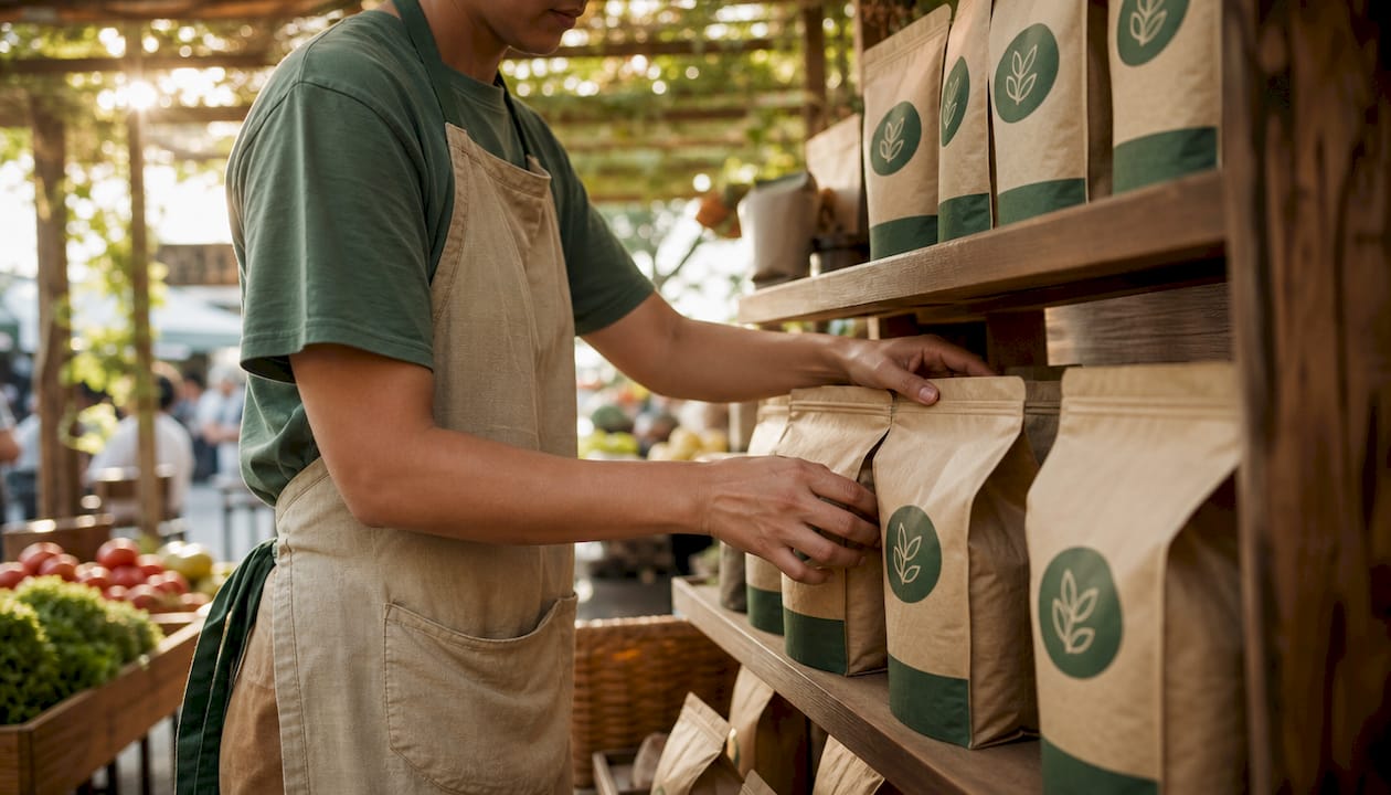 Barista arranging eco-labeled coffee bags on shelf