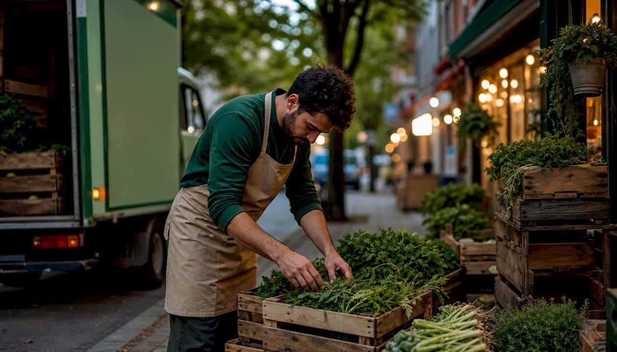 Local vendor unloading fresh goods on street