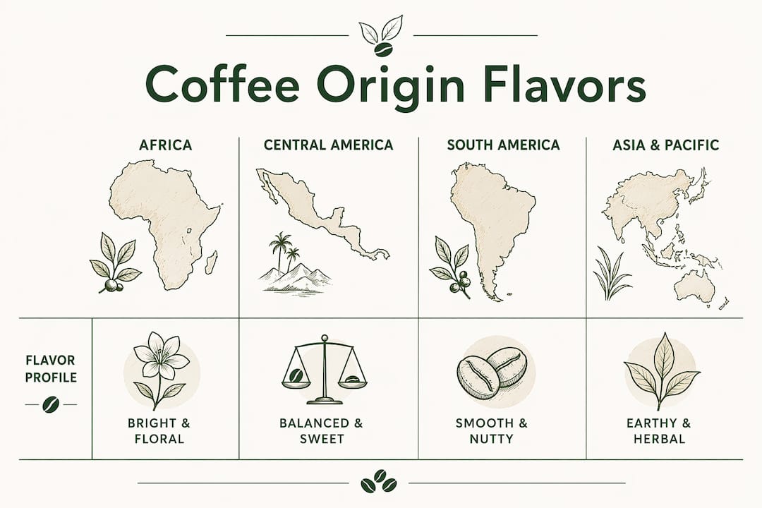 Infographic of coffee origin regions and flavor profiles