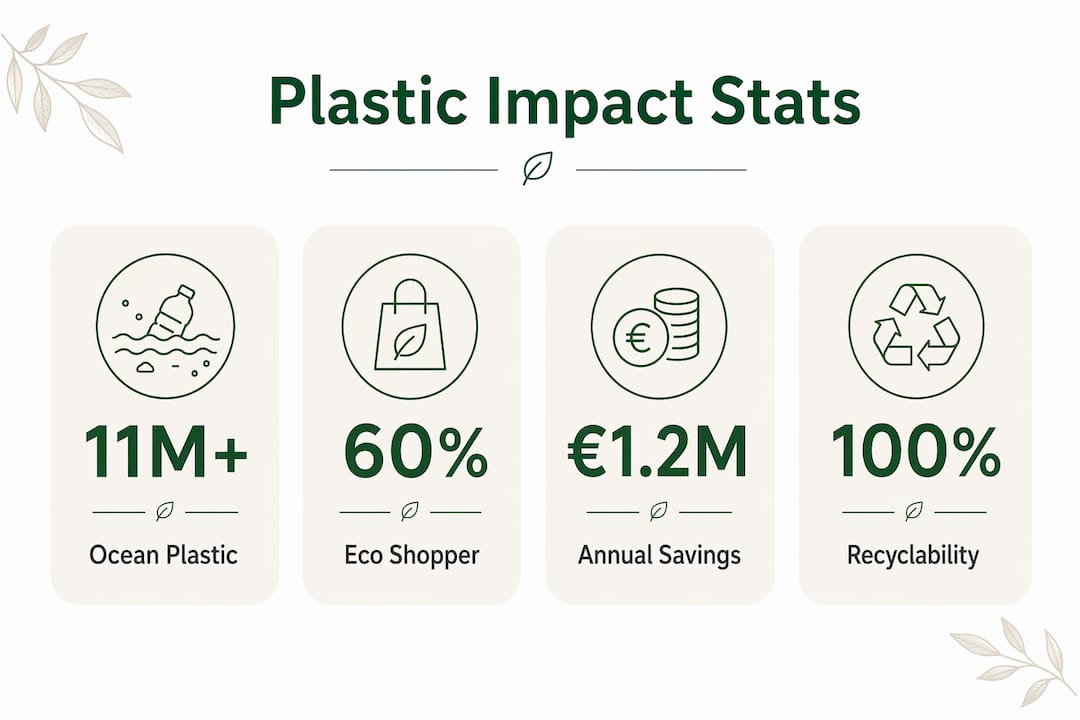 Infographic showing key statistics of plastic-free packaging benefits
