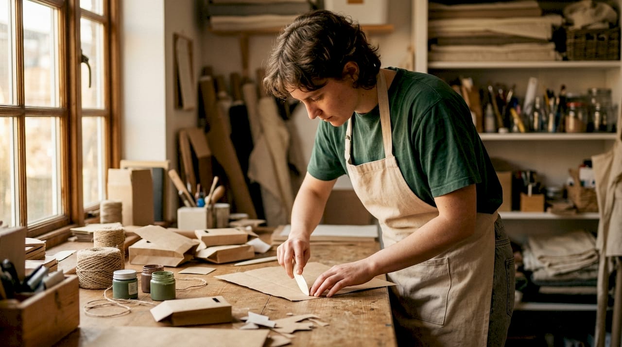 Hands designing plastic-free paper packaging prototype