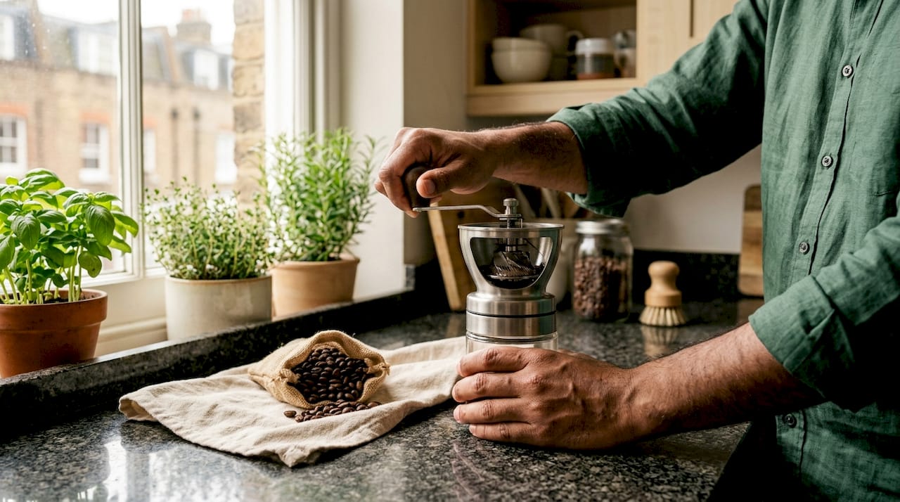 Hands using manual burr coffee grinder