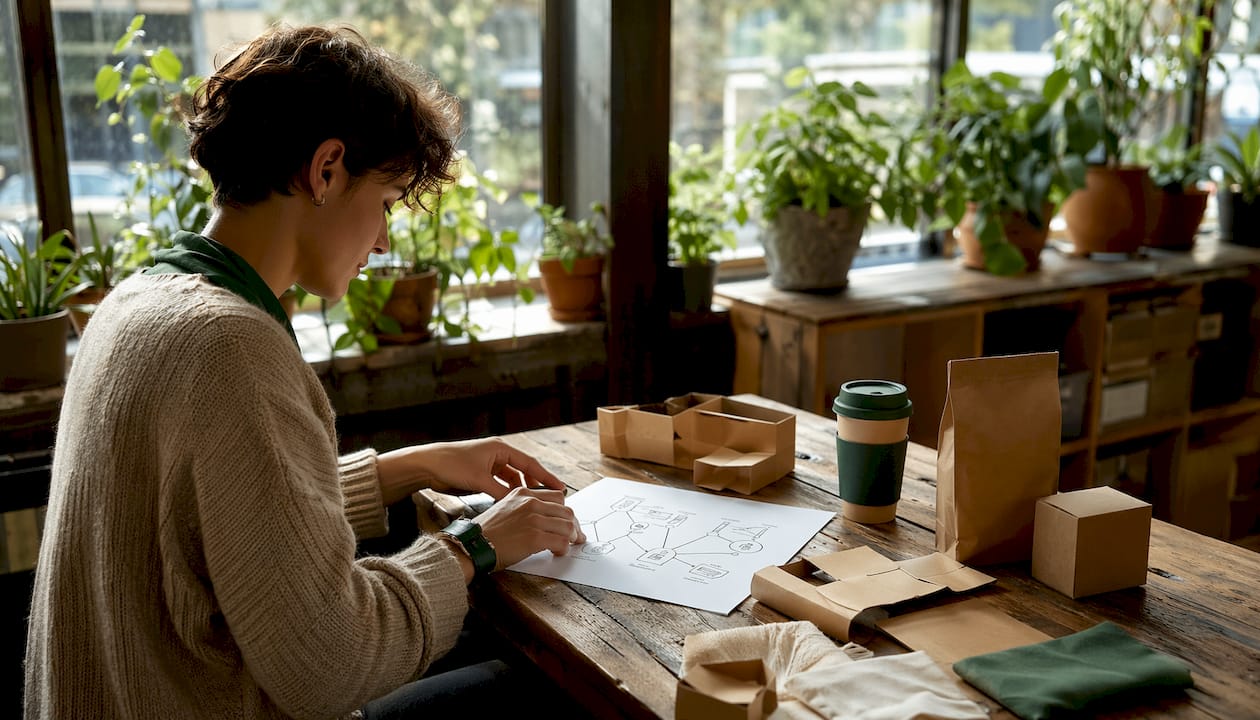 Hands with eco packaging samples and tablet in logistics