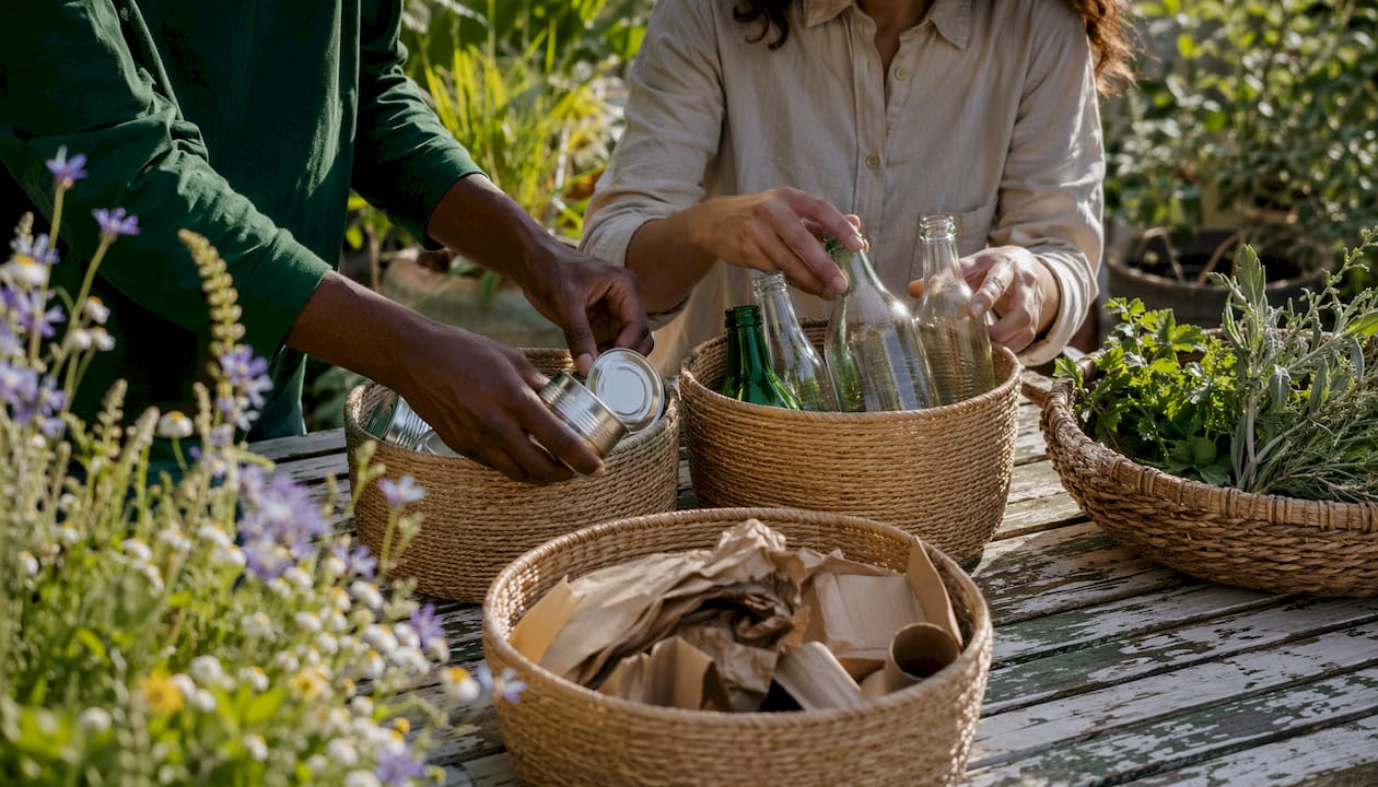 Hands sorting recyclables at home