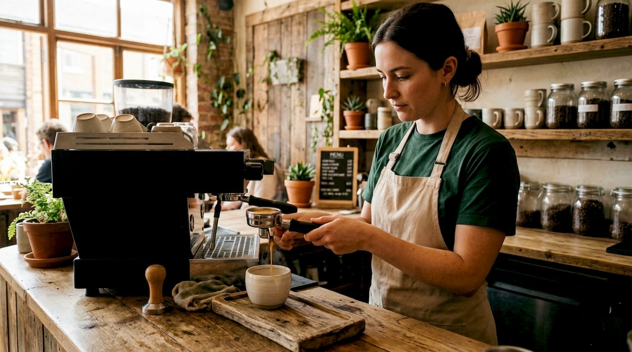 Barista preparing espresso shot close-up