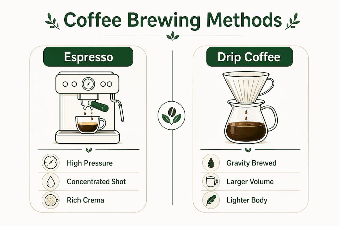 Infographic comparing espresso and drip coffee brewing